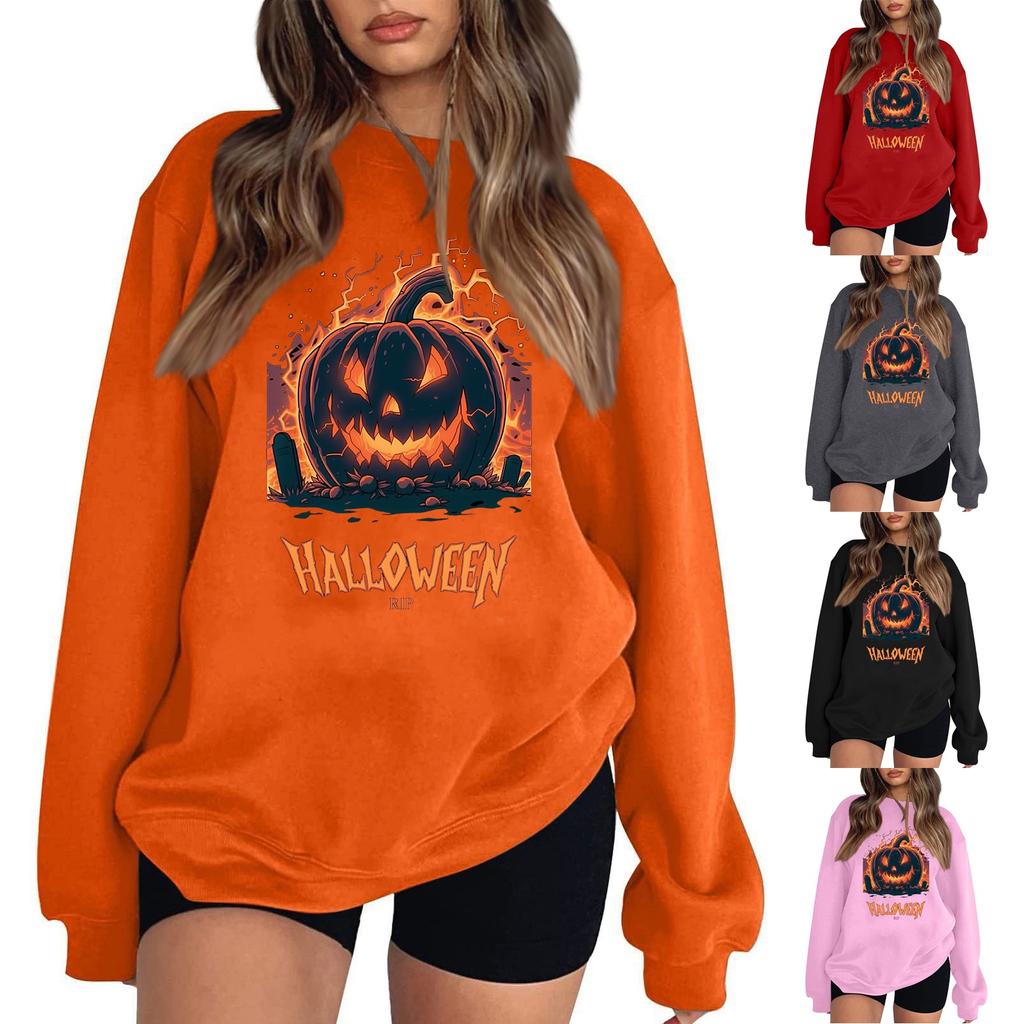 Women's Casual Round Neck Long Sleeved Pullover, Halloween Printed Top, Long Sleeved Hoodie