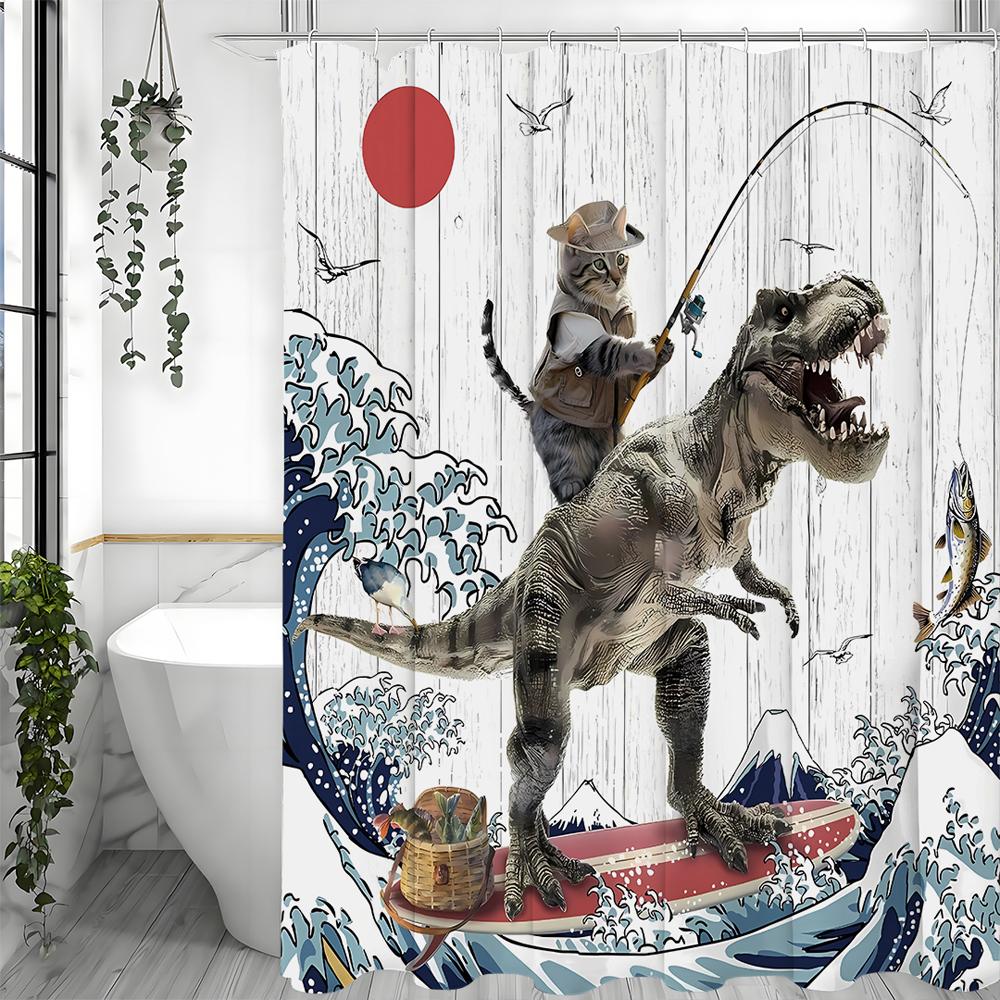 Cat and Dinosaur Shower Curtain, Japanese Sea Waves for Bathroom, Kids, Shower Curtain Decorative Shower Curtain, Waterproof Sho