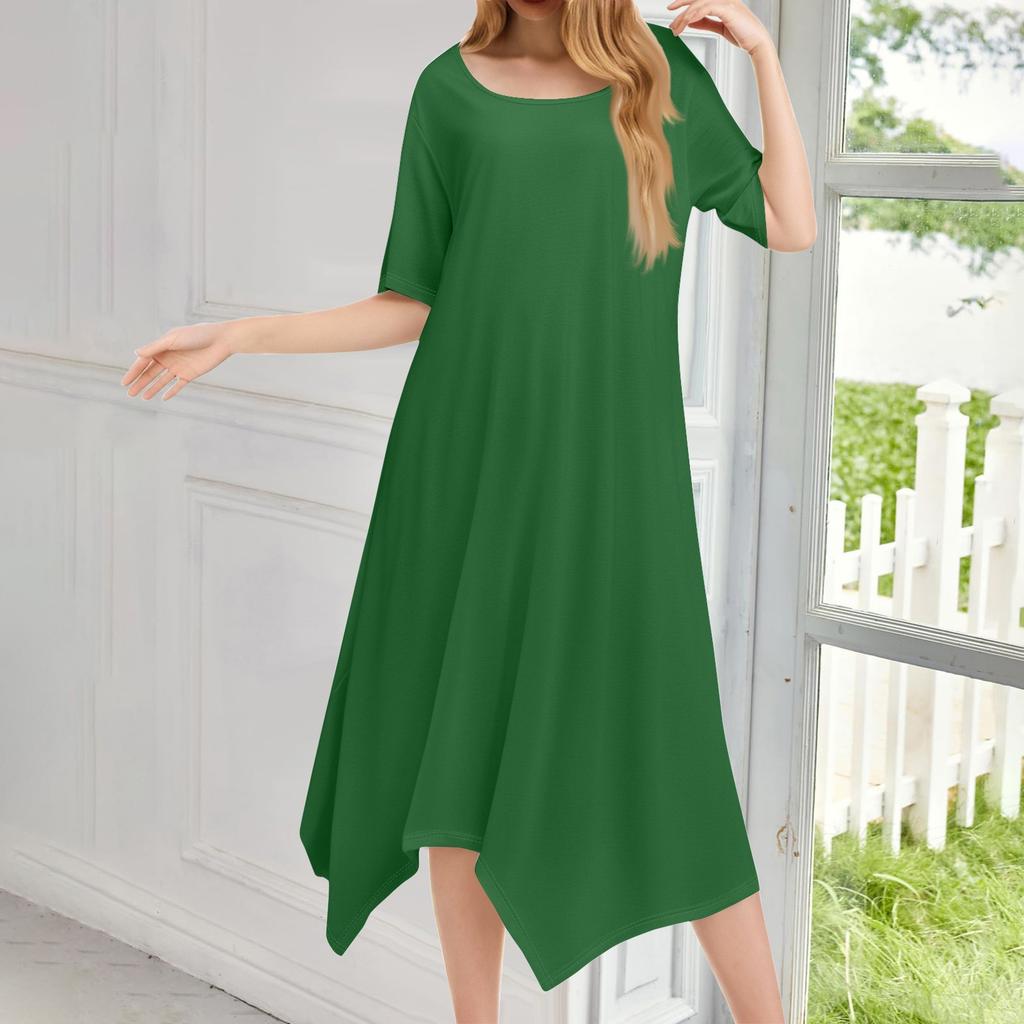 Женское повседневное модное платье миди с круглым вырезом и коротким рукавом, однотонное, с неровным подолом