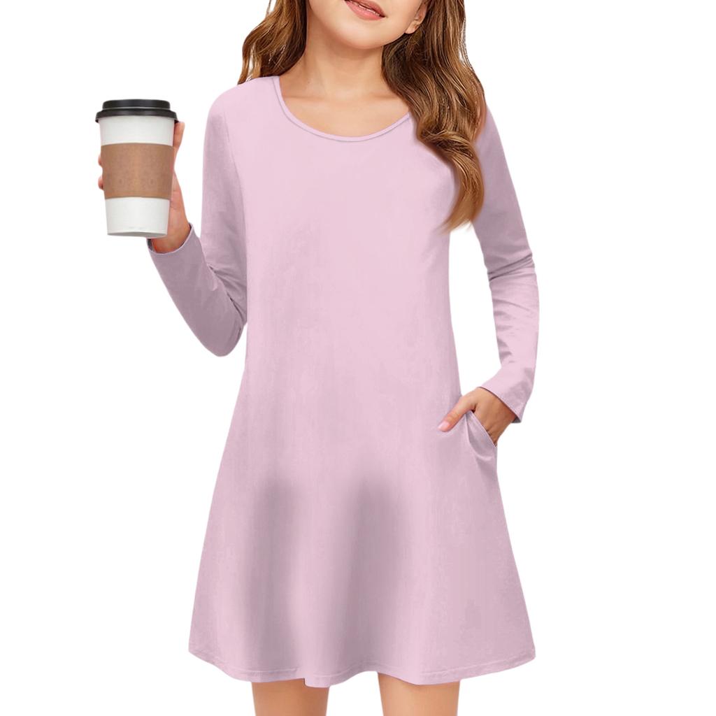 Girls' Long Sleeve Dress - Solid Color Pocket Dress