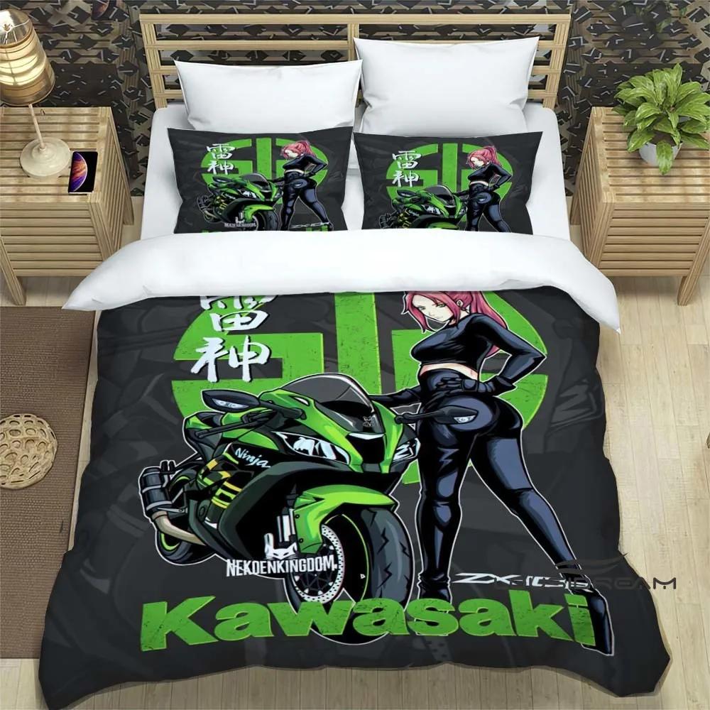 3D Ретро Принт Логотип Мотоцикла K-Kawasaki Комплект Постельного Белья Элегантный Комплект Постельного Белья Пододеяльник Покрывало на Кровать Роскошный Подарок на День Рождения
