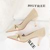 European and American Thin Heel Shallow Mouth Pointed Cloth Plaid Thousand Bird Check Metal Chain Pearl High Heel Shoes