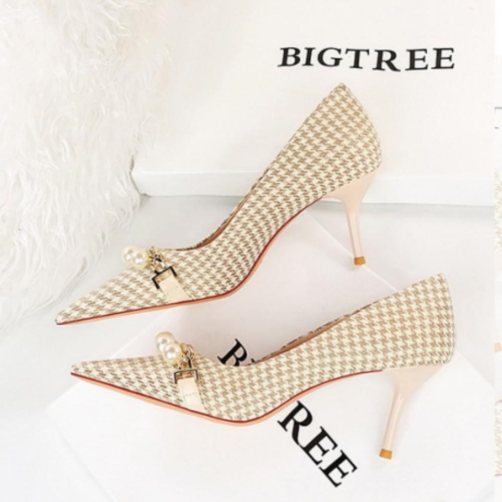 European and American Thin Heel Shallow Mouth Pointed Cloth Plaid Thousand Bird Check Metal Chain Pearl High Heel Shoes