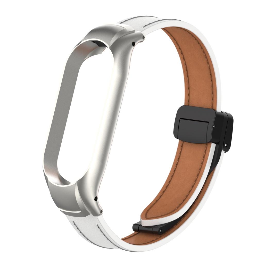 Для Mi Band 7 магнитная пряжка, ремешок из натуральной кожи + металлический корпус для часов для Xiaomi Smart Band 8/Band 7/Band 6/5/4/3, сменный браслет