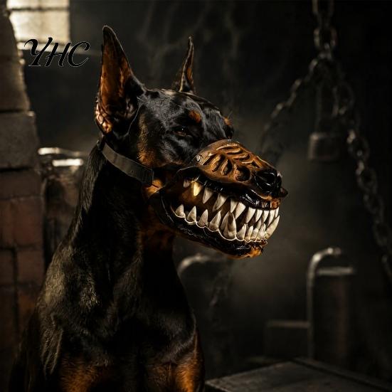 Dog Muzzle for Halloween Scary Dinosaur with Teeth, Adjustable Latex Breathable Pet Themed Haunted House Prop Mask, Anti-Bite Costume Cosplay Parties