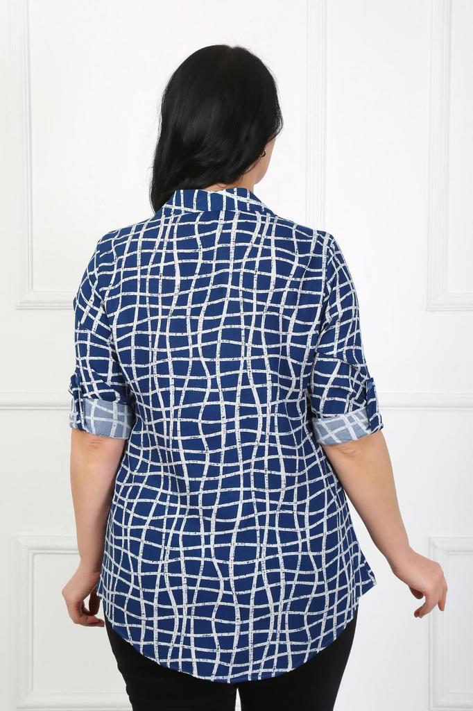 Women's Style Plus Size Shirt Indigo Striped Cotton Viscose Big Size Shirt