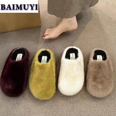 Меховые балетки женские мюли домашняя плюшевая хлопковая обувь модные шлепанцы 2024 тренд зимние повседневные прогулки уютные Zapatos Mujer