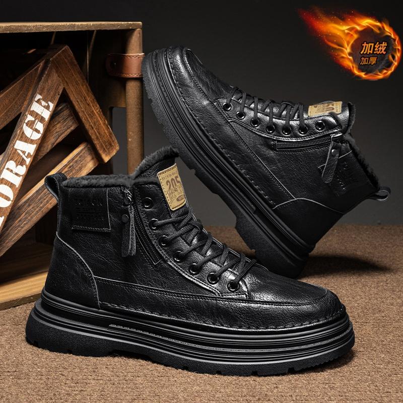 Martin Boots Men's Shoes Winter British Style Casual Leather Shoes Velvet Thermal Cotton Shoes Waterproof and Non-slip Locomotive Tooling Boots