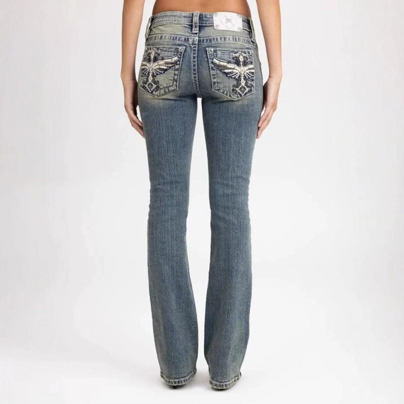 Y2K Miss Me Womens Low-Rise Jeans Vintage Embroidered Wings Cross Slim Fit Denim Pants