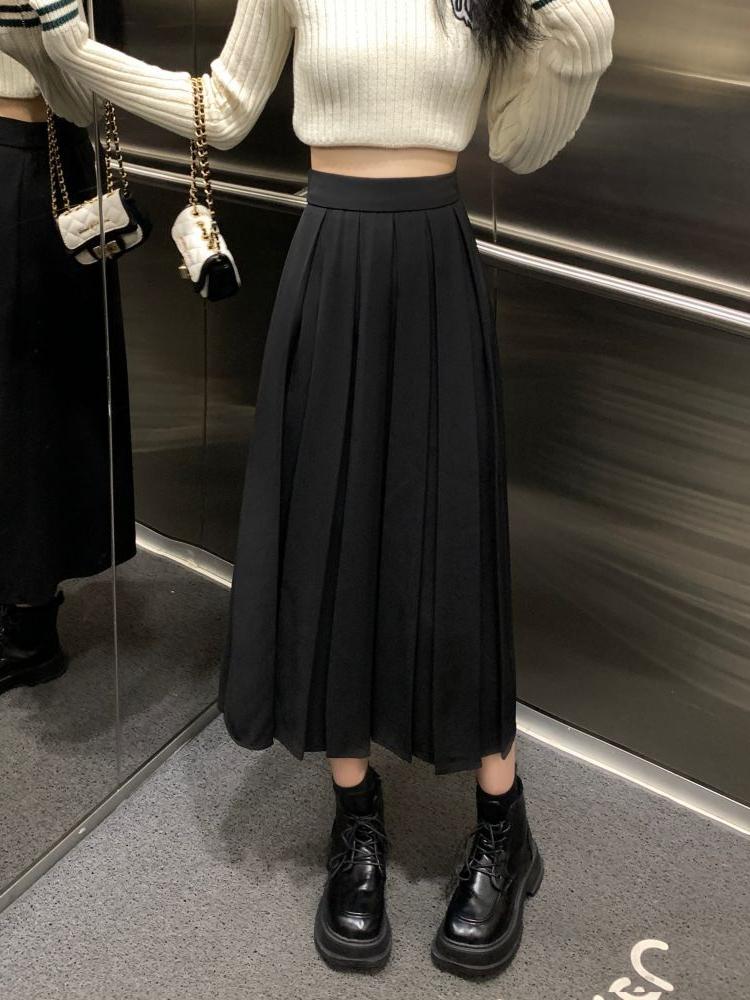 Длинная плиссированная юбка, женская винтажная корейская модная однотонная юбка трапециевидной формы с высокой талией, элегантная повседневная осенняя школьная юбка для девочек