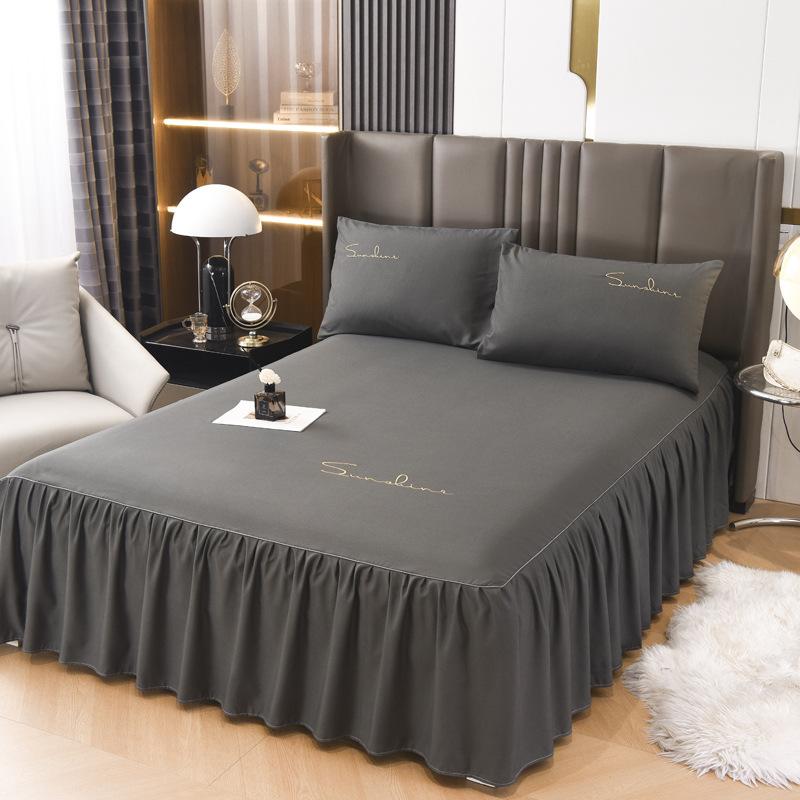 Solid Color New Light Luxury Simple Embroidered Single Bed Skirt Bed Sheet Non-slip Bedspread Four Seasons Princess Style Single Piece