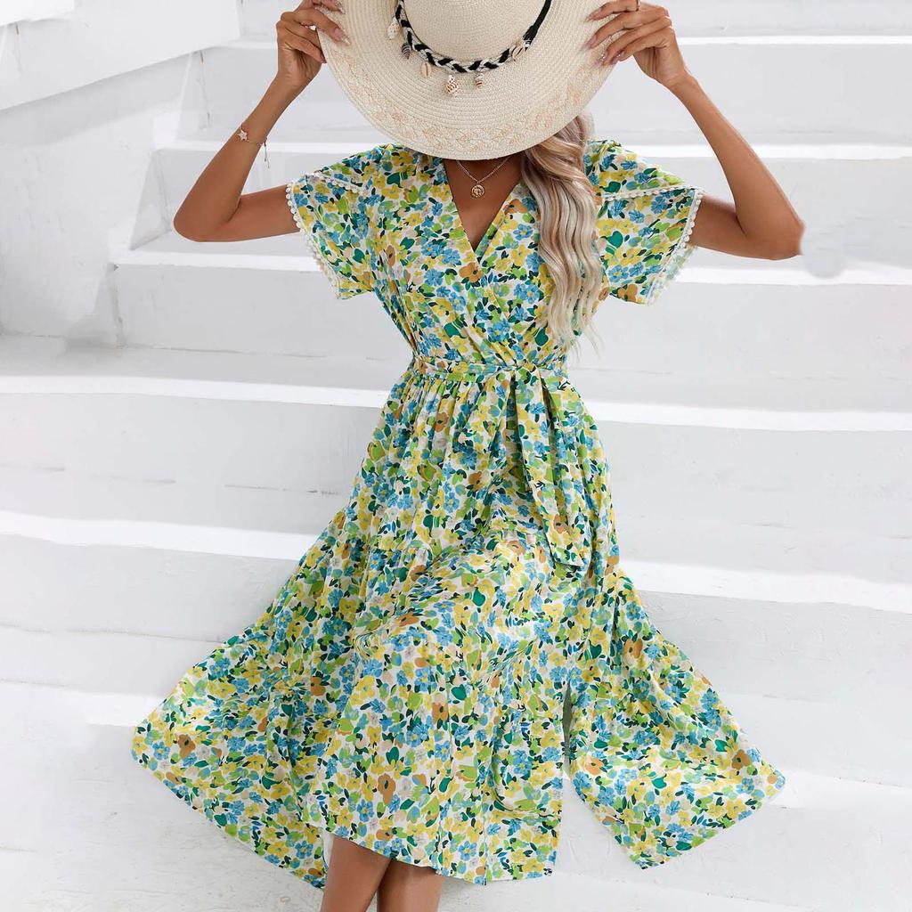 Женское летнее платье с короткими рукавами и высокой талией в этническом стиле на шнуровке