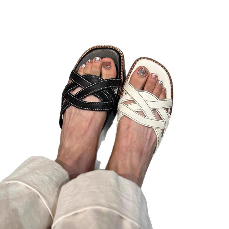 Версия с узором овечки~ кожаный узор ретро полый плетеный шлепанец на одной подошве модный повседневный универсальный верхняя одежда пляжный отдых крутые тапочки