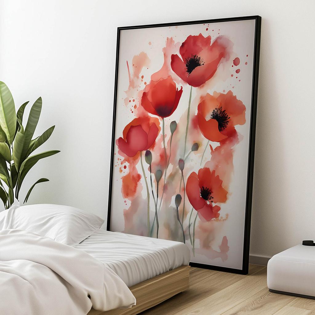 Red Poppies In Watercolor Red Poppies In Watercolor, 30X40 Cm, Gold Aluminum Frame, 230 Gsm Matte Paper