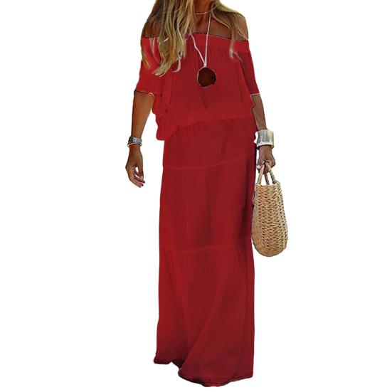 Повседневное платье с открытыми плечами, с короткими рукавами, эластичной талией, женское платье, однотонное