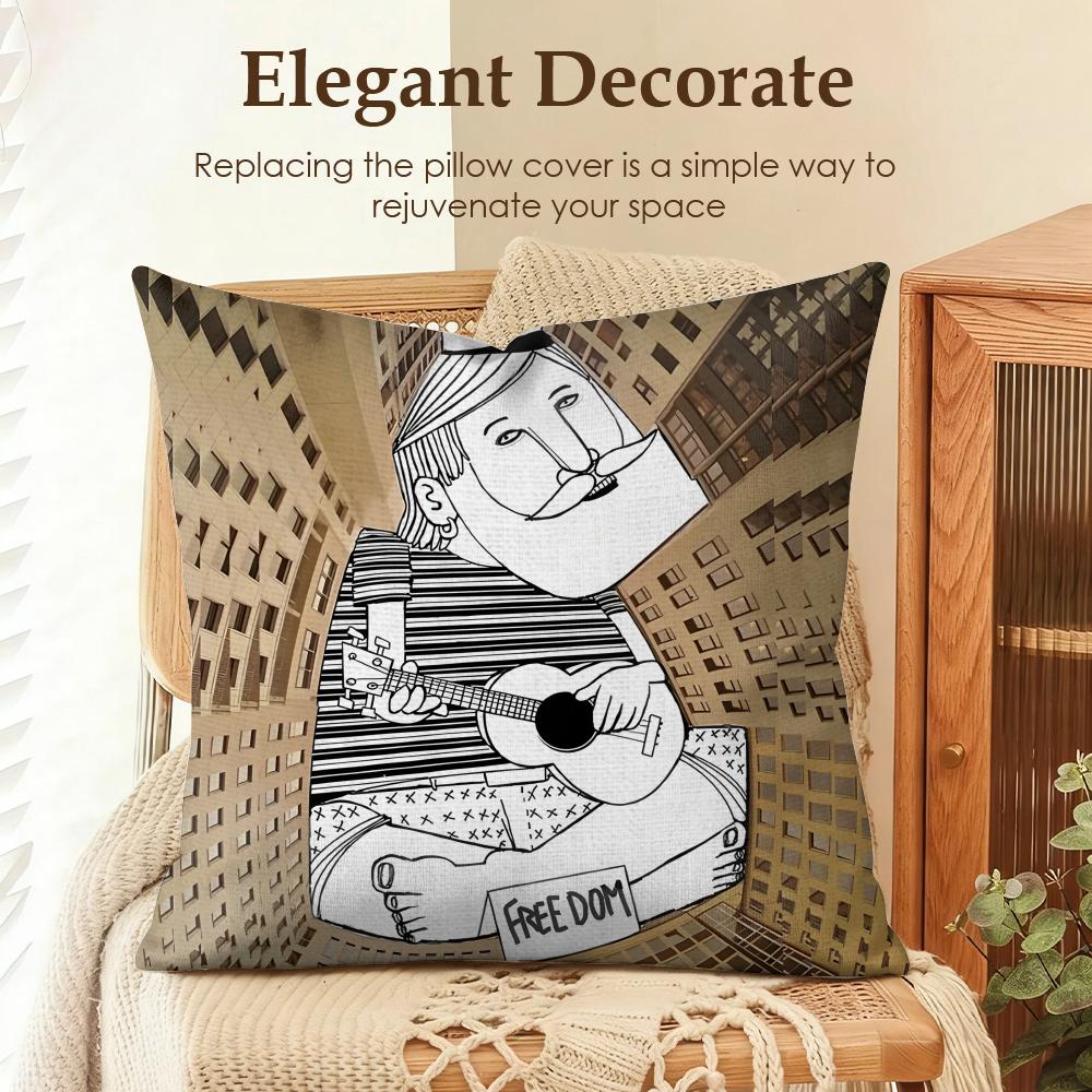 Art City Loneliness Girl Lucky Cushion Cover Natural Linen Organic Fabric DoubleSided Printing Sofa Home Decor Gift Pillow Case