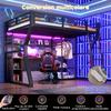 Loft Bed, 140 x 200 cm, Iron Frame, with Light Strip, Power Outlet, Clothes Hanging, Desk, Storage, Open Space Under Bed, without Mattress, Black