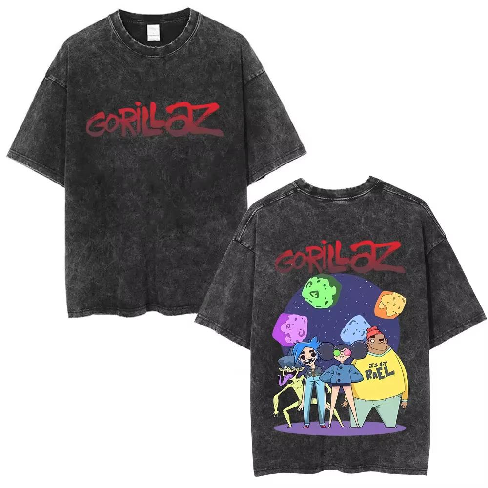 Washed Vintage Rock Band Gorillaz Album Graphic T-shirt Men's Women Hip Hop Fashion Oversized T Shirts Male Cotton Streetwear