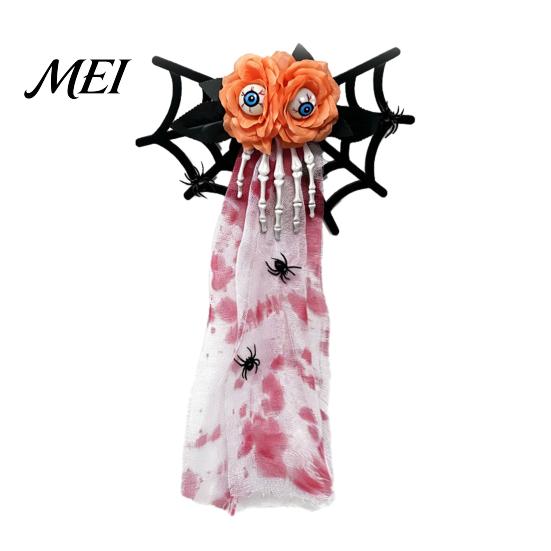 Easy Install Hanging Spiders Halloween Decoration, Spooky Wooden Spider Web Skeleton Hand Wall Black for Porch Ornament with Blood Gauze Indoor