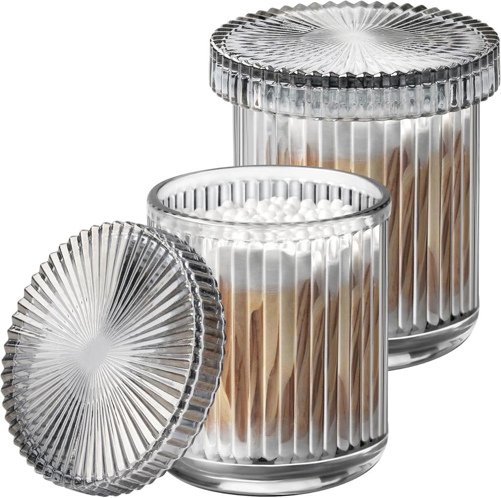 1Pack Glass Qtip Holder Dispenser Set Bathroom Organizer for Cotton Swabs Pads Clear Jars Makeup Storage Bathroom Accessories