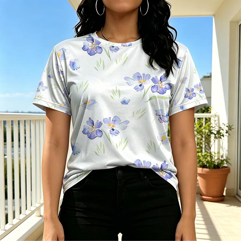 Women’s Watercolor Floral T-Shirt - Soft Skin-Friendly Loose Fit, Light & Fresh, Perfect for Daily Casual, Weekend Getaways
