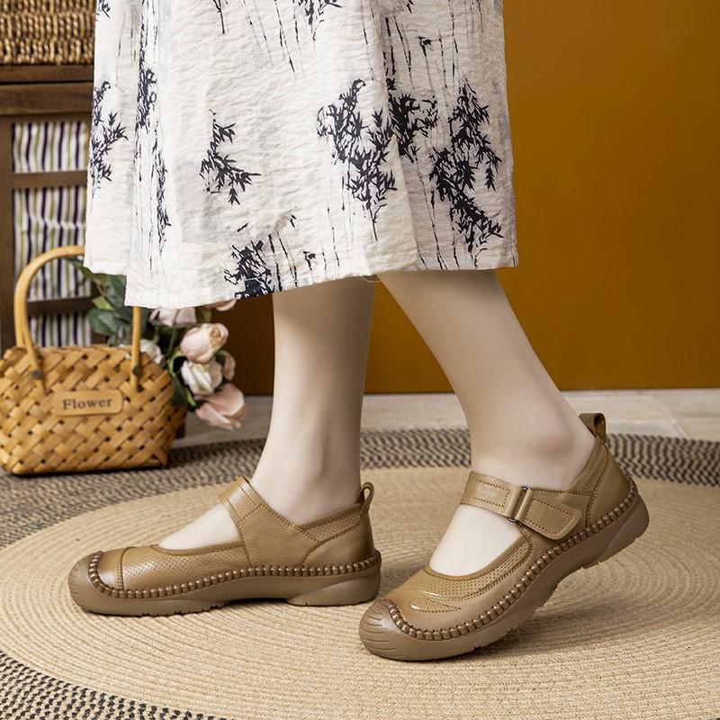 Johnature Genuine Leather Soft Soled Flat Shoes Retro Round Toe Shallow Versatile Comfortable Women's Shoes