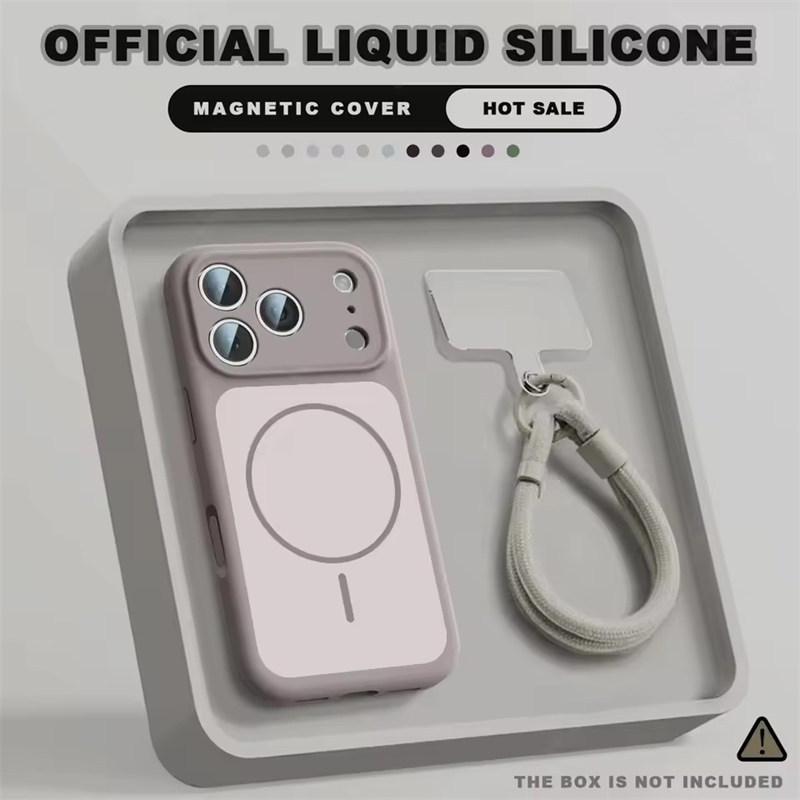 Магнитный чехол для телефона с ремешком на запястье для iPhone 17 Air 14 15 16 13 Pro Max Magsafe Жидкий ремешок Защитная крышка