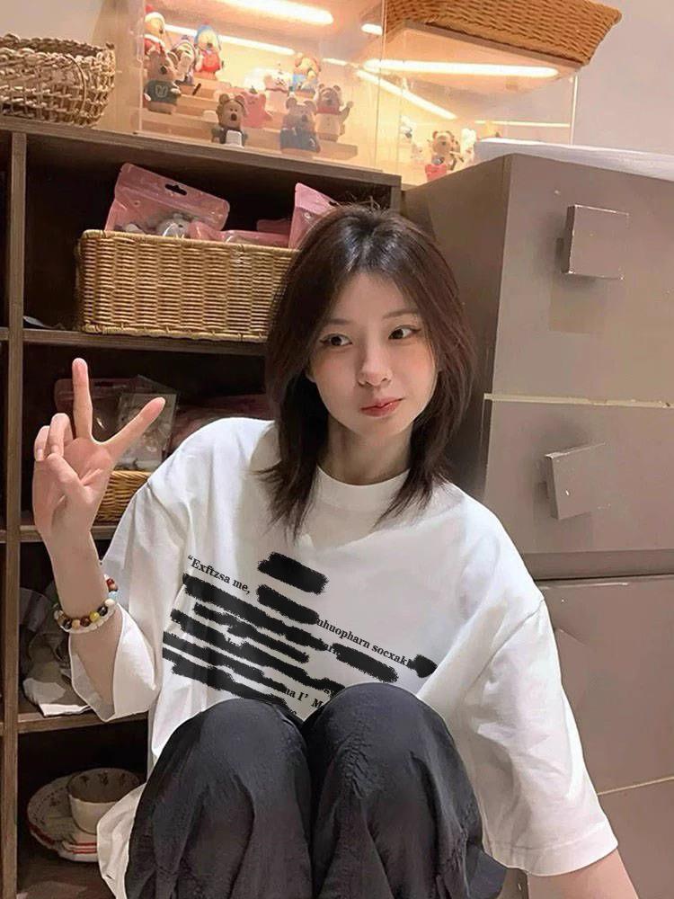 Женская футболка большого размера из чистого хлопка белого цвета с коротким рукавом - Лето 2025 Американский стиль свободного кроя