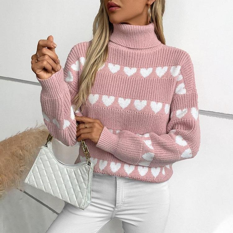Vintage Heart Print Loose Knitwear Cardigan Stand Collar Sweater Long Sleeve Top for Autumn Winter