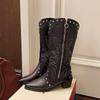 Мода 2025 Новые женские сапоги Классические вышитые ковбойские сапоги в западном стиле Ретро сапоги до середины икры с заклепками для женщин Остроносые сапоги рыцаря