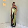 Avocado Green Contrast Flower Print Strapless Dress Loose Women Straight Backless Robes 2024 Female Casual Holiday Beach Vestido