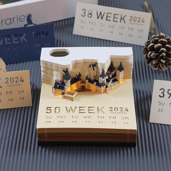 1 комплект, еженедельный календарь, креативный 3D календарь-замок со светодиодной подсветкой, резьба по бумаге, художественный настольный календарь для украшения дома