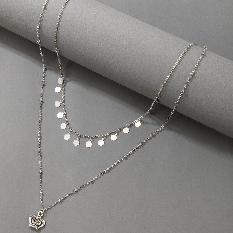 Tocona INS Fashion Crown Pendant Neckalce Bohemian Tassel Silver Color Wafer Multi-layer Chain Jewelry for Women Oшейник 17470