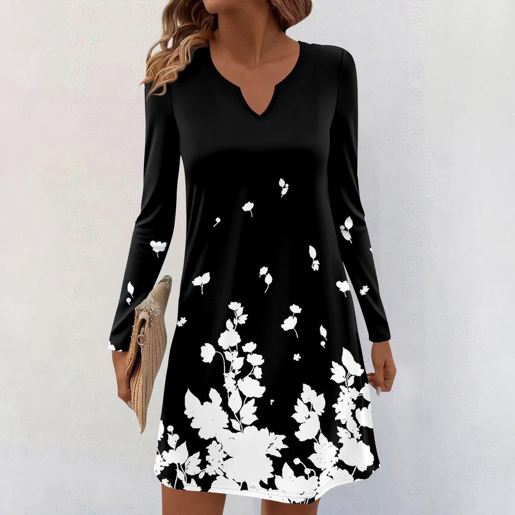 Women's Long-sleeved Casual Midi Dresses V-Neck Print Casual Dress