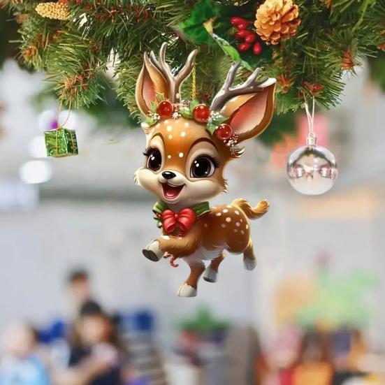 Christmas Elk Ornament Flat Acrylic Hanging Decoration Cartoon Deer Festive Pendant for Christmas Tree Car Interior Rearview Mirror Decor