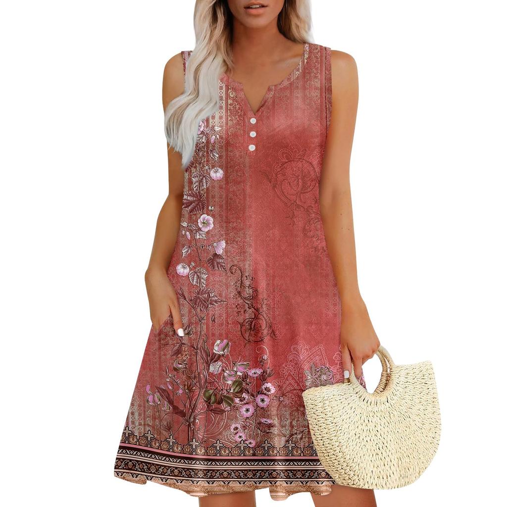 Женские летние платья Свободные сарафаны без рукавов с V-образным вырезом Платье с карманами