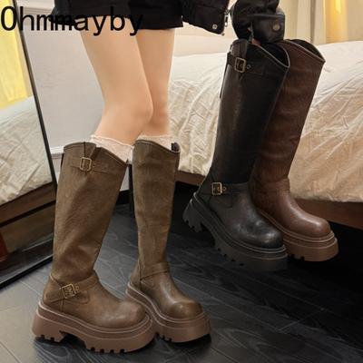 Зимние ботфорты на платформе и толстом каблуке для женщин, модные туфли с ремешком и пряжкой, женские панк-винтажные длинные ботильоны De Muje