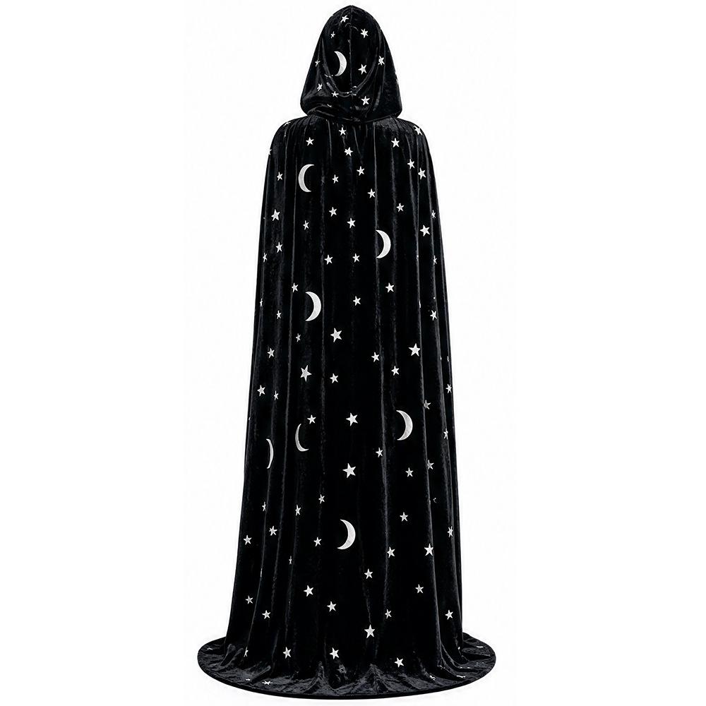 Halloween Wizard Witch Cloak Hooded Velvet Long Cape With Star Moon Print Renaissance Medieval Fancy Dress Costume Women Outfits