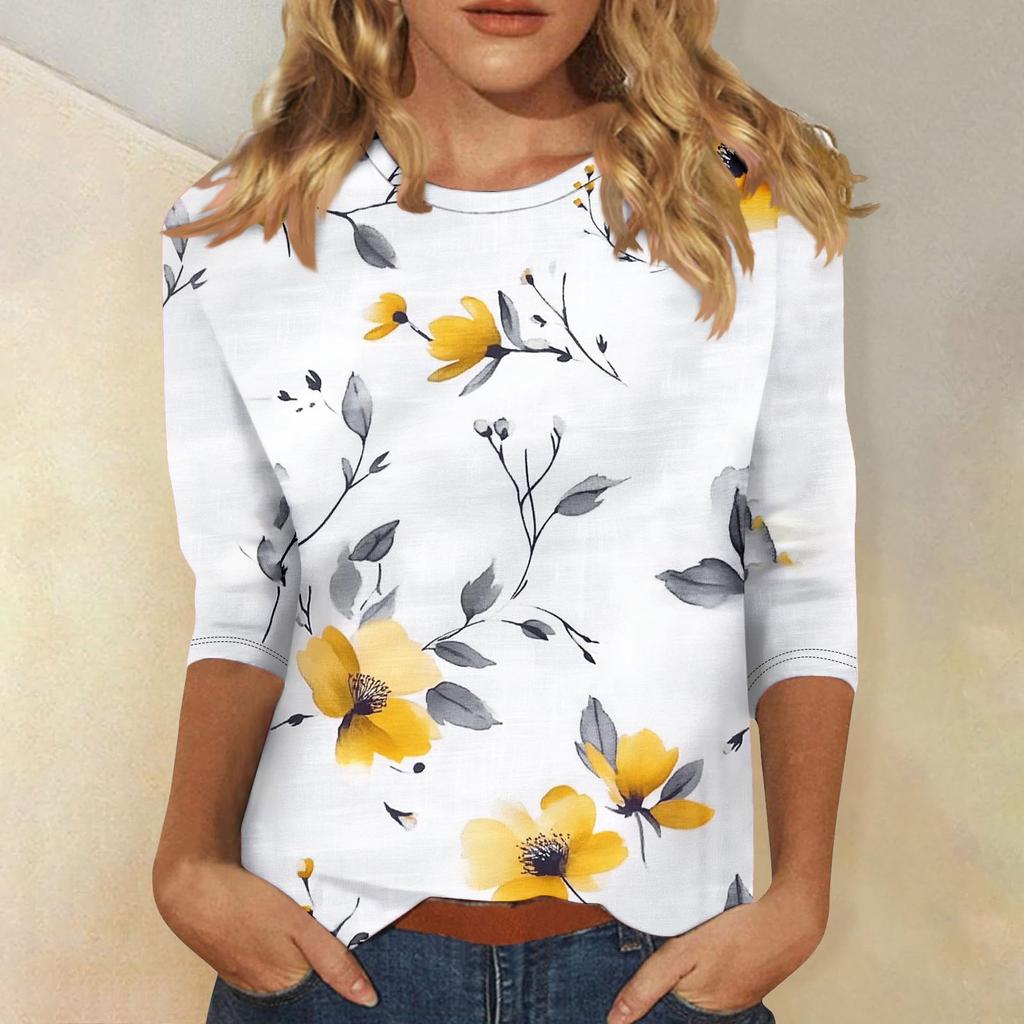 Женская мода повседневная три четверти рукава цветочный принт горловина топ