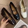 Coarse Heel Single Shoes Autumn Light Mouth Versatile Retro Mary Jane Shoes Women's Lace-up Metal Decorative Square Head One-word Strap Single Shoes