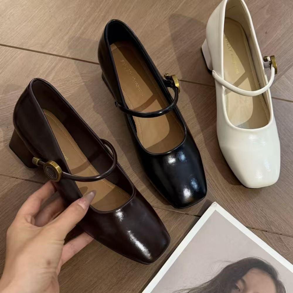 Coarse Heel Single Shoes Autumn Light Mouth Versatile Retro Mary Jane Shoes Women's Lace-up Metal Decorative Square Head One-word Strap Single Shoes