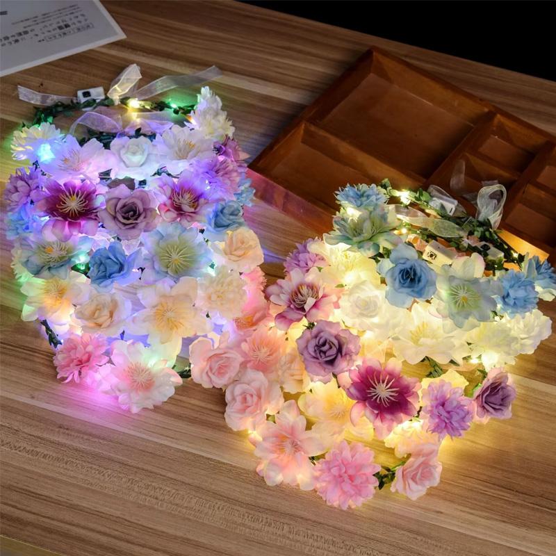 1PC Flower Headband Led Lights Hair Hoop Double-Sided Silk Floral Crown for Women Hair Headband Glowing Garland Light Up
