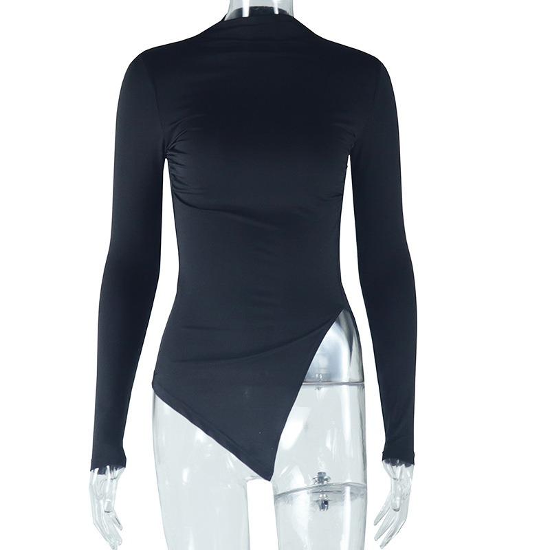 Женский обтягивающий свитер с круглым вырезом, однотонная футболка с длинным рукавом и складками, нестандартной формы