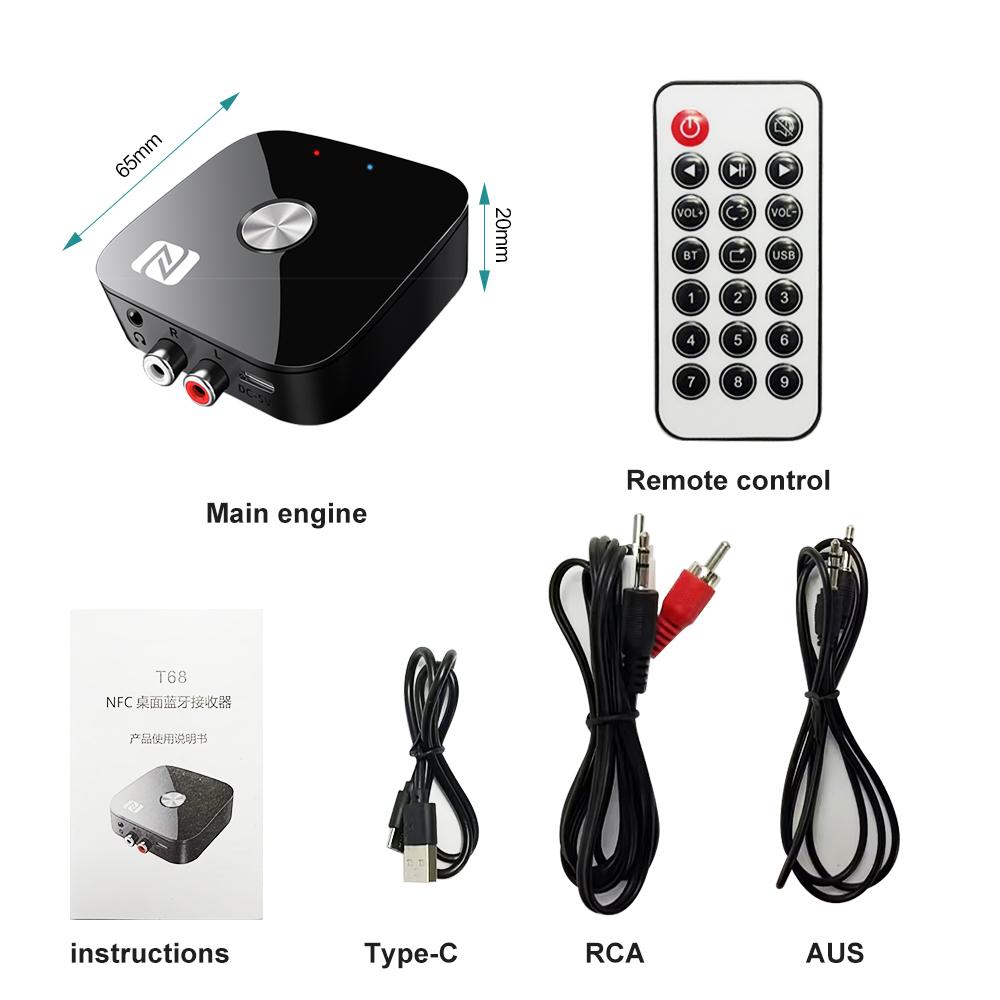 NFC Bluetooth Receiver 2RCA PD 3.5mm Jack Aux Wireless Adapter with Remote Control Car Bluetooth 5.3 Audio Receiver for TV