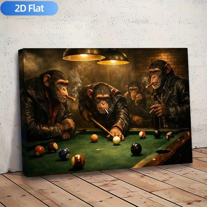 2D Flat, 1pc Wood-Framed Canvas Poster - Cool Monkey Billiards Bar Night Scene, Modern Suitable for Living Room, Bedroom, Office Decor - Wrapped Wood