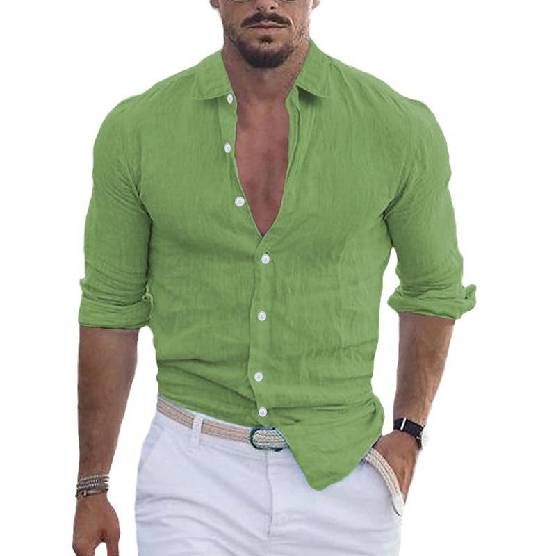 Fashion Men's Shirts Summer Cotton Linen Lapel Beach Shirt Long-sleeved Solid-coloured Shirts Casual Versatile Tops
