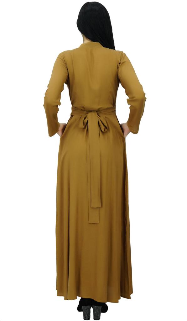 Bimba Женское черное платье-джильбаб с воротником-стойкой и карманами, длинный рукав-10