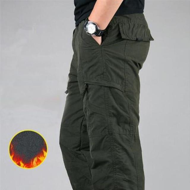 Fall Winter Mens Thickened Padded Multi Pocket Pants Plus Size Casual Straight Warm Layered Long Trousers