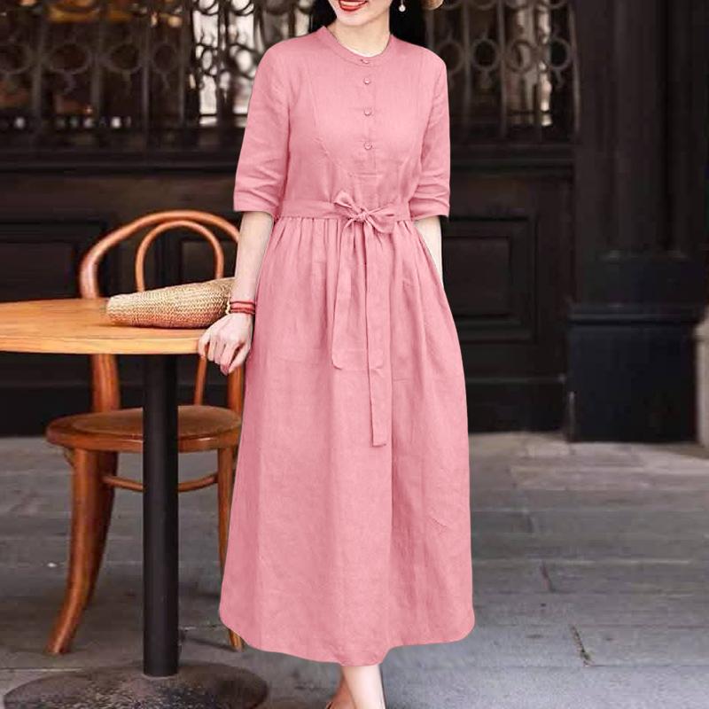 ZANZEA Women Casual Round Neck Loose Half Sleeve Dress