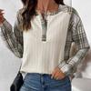 Women's Autumn and Winter Checkered Patchwork Long Sleeve Blouse Round Neck Pullover Top